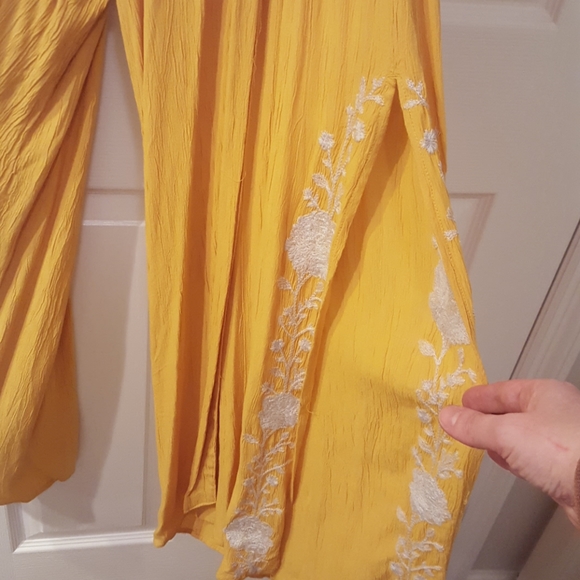 American Eagle AEO Yellow Wide Leg Jumpsuit with White Embroidered Floral Design - Picture 7 of 7